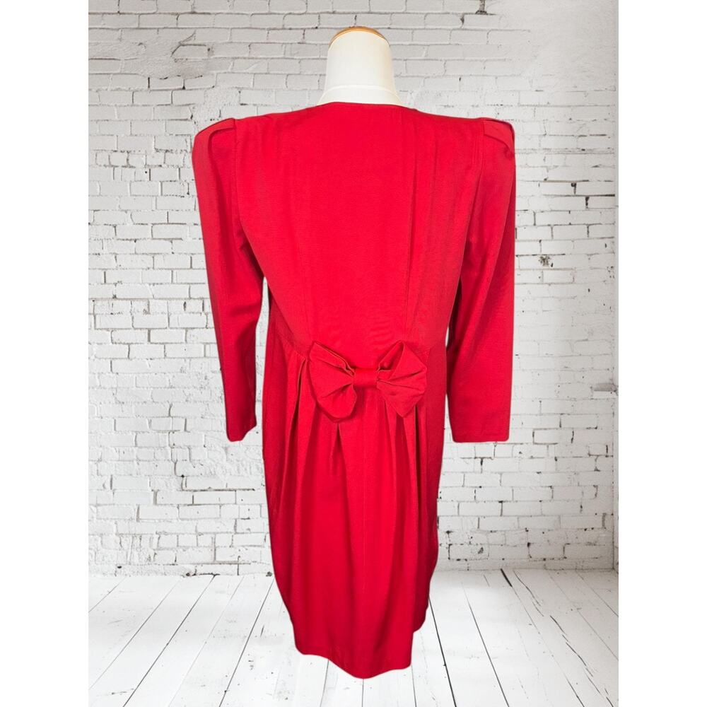 Vintage Red Dress with Bow Back | Classic Button Front | 1980s Power Dress